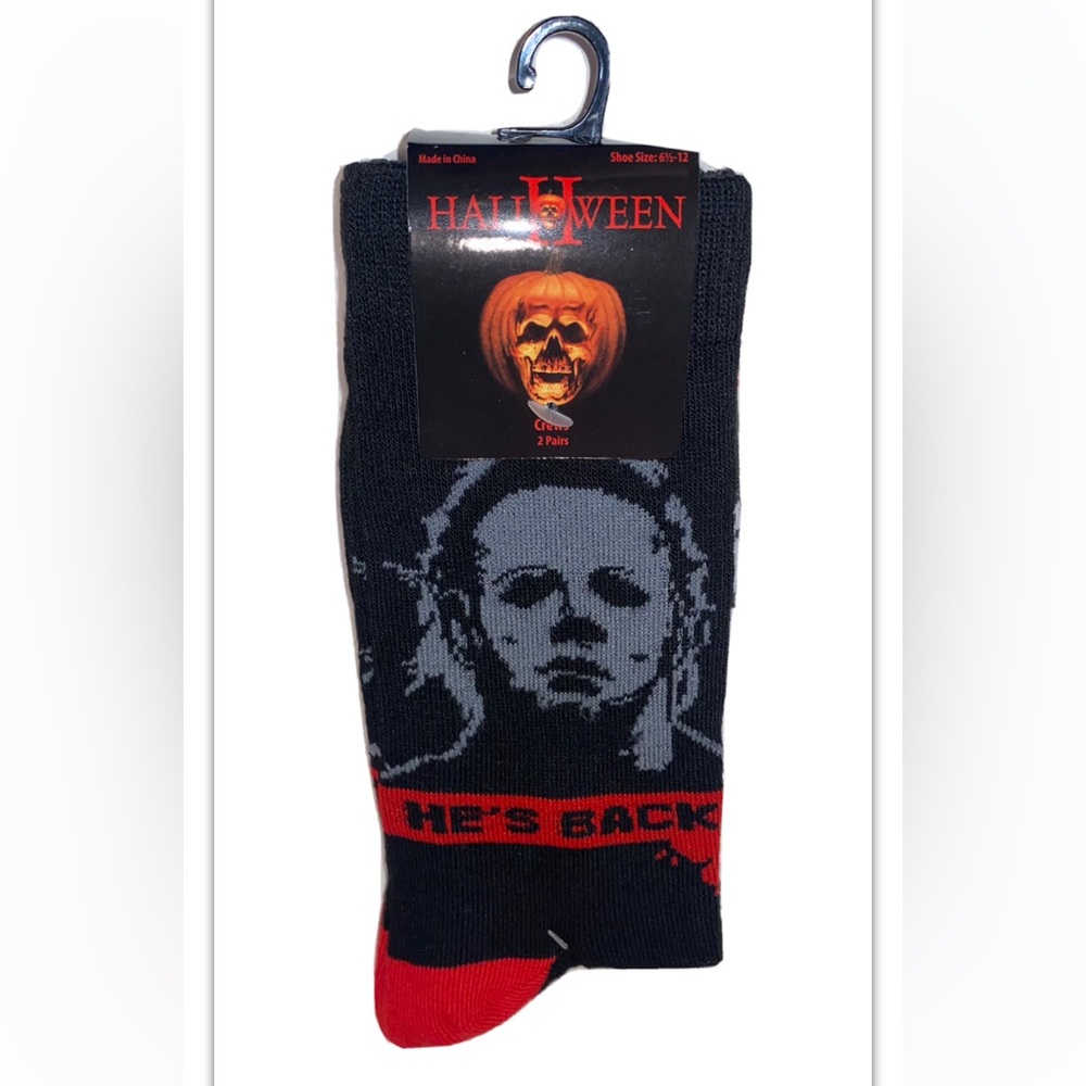 Halloween II Crew Socks 2 Pair Men 6.5-12 Black Gray Red Michael Myers Mask NEW!